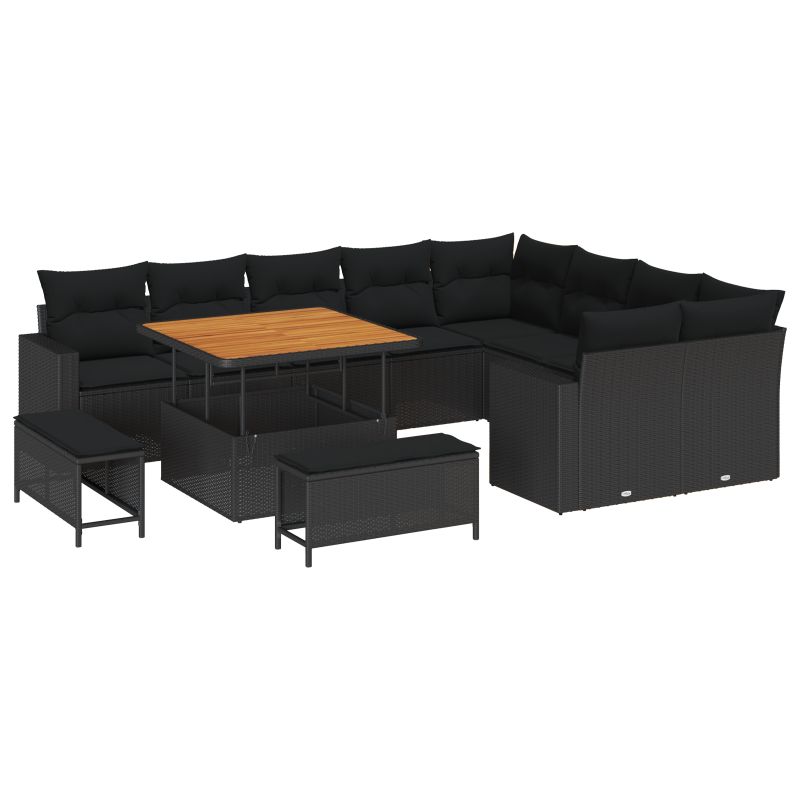 12-teiliges Garten Sofa Set mit Kissen Schwarz Poly Rattan Akazie