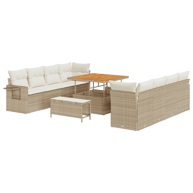 11-teiliges Gartensofa-Set mit Kissen Beige Poly Rattan Akazie