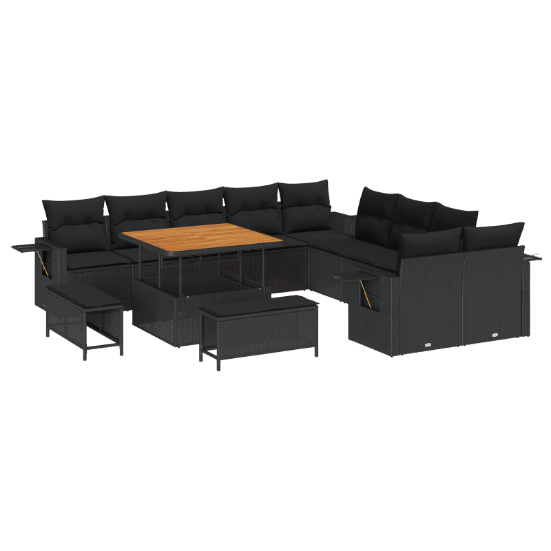 13-teilige Garten-Sofa-Gruppe mit Kissen Schwarz Poly Rattan Akazie
