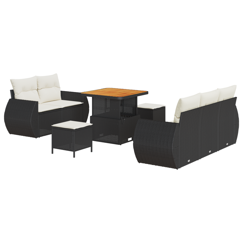 8 Teiliges Garten Sofa Set mit Kissen Schwarz Poly Rattan Akazie