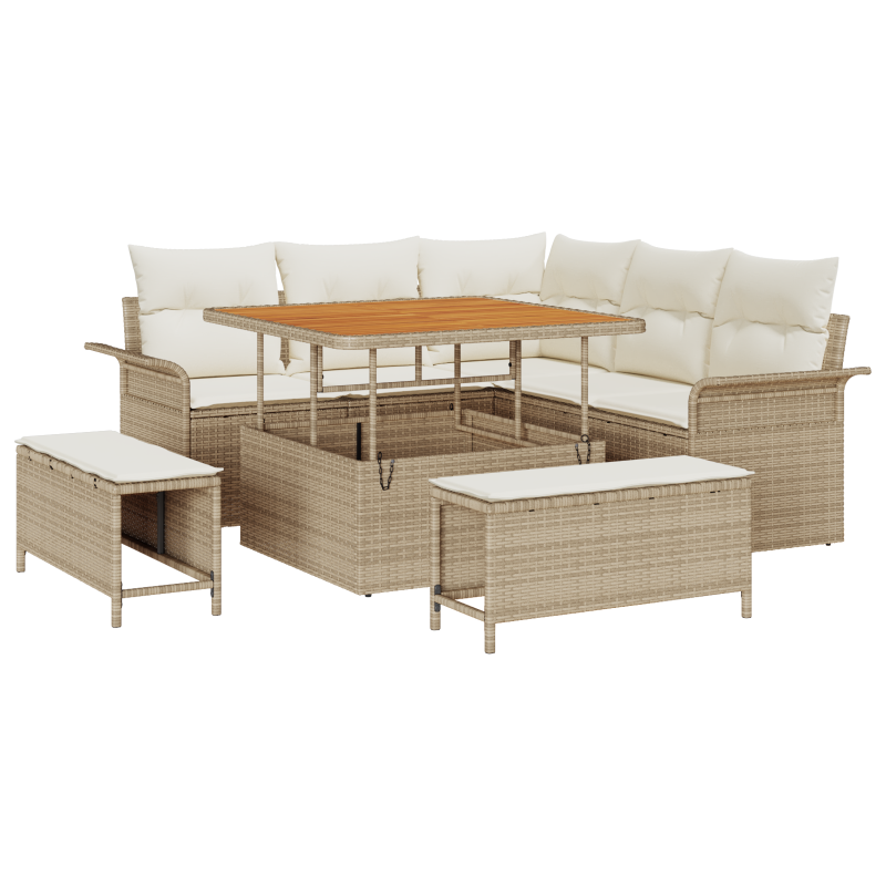 8-teiliges Garten-Sofa-Set mit Kissen Beige Poly Rattan Akazie