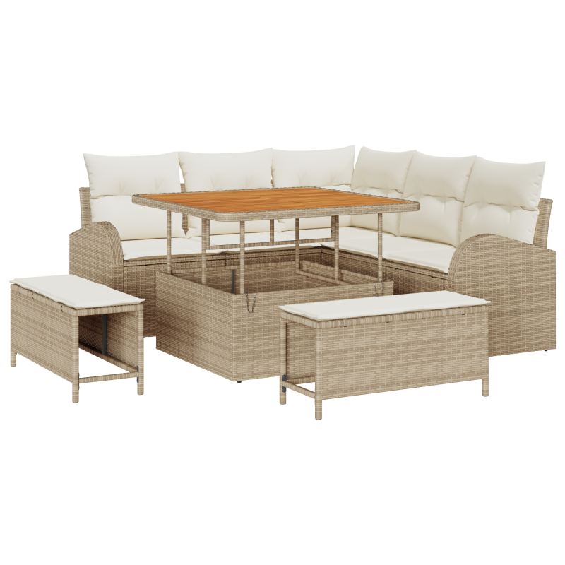 8-teiliges Garten Sofa Set mit Kissen Beige Poly Rattan Akazie
