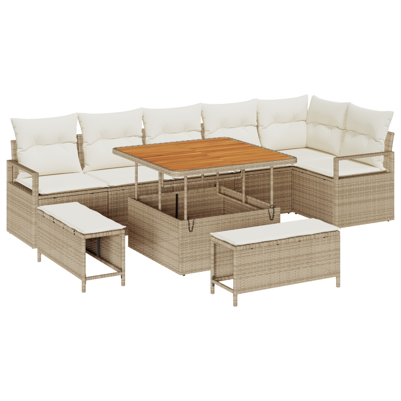 9-teiliges Gartensofa-Set mit Kissen Beige Poly Rattan Akazie