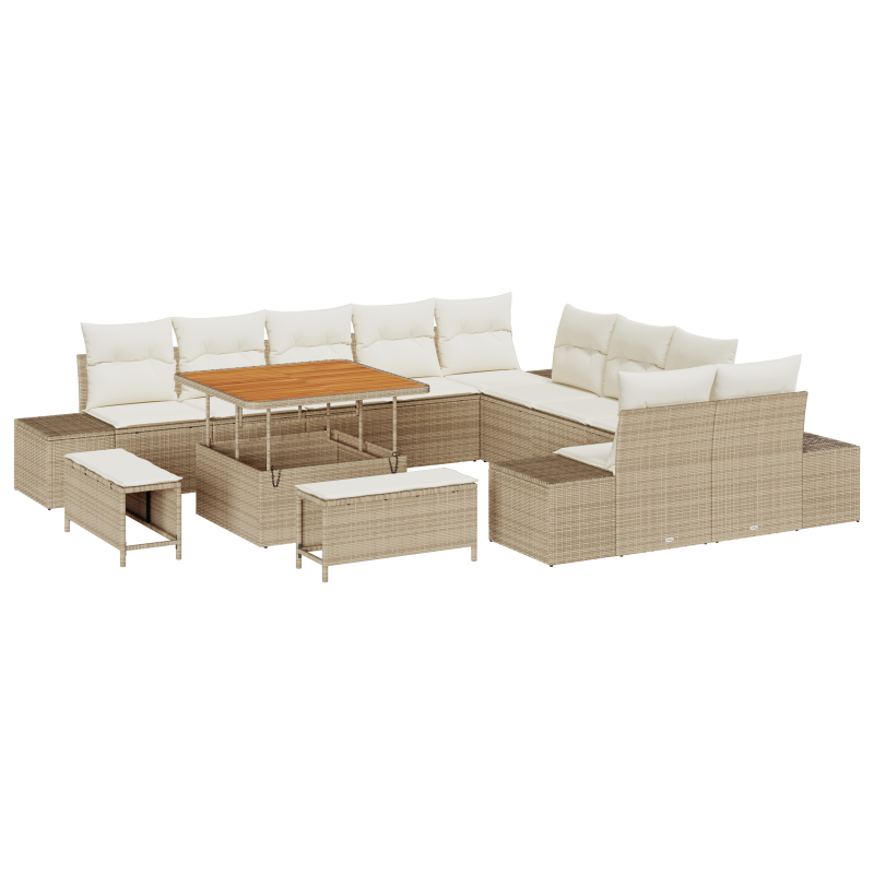 13-teilige Garten Sofa Set mit Kissen Beige Poly Rattan Akazie