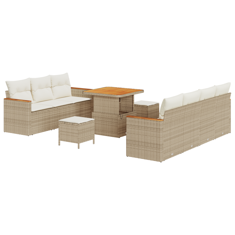 10-teiliges Garten-Sofa-Set mit Kissen Beige Poly Rattan Akazie