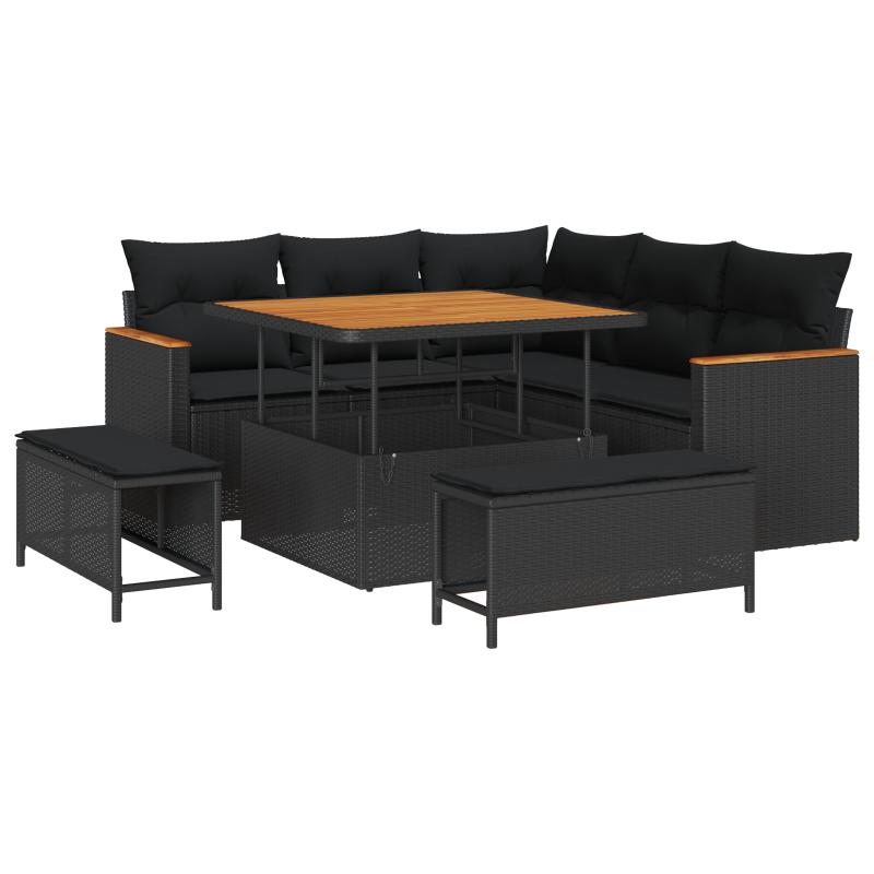 8-teiliges Garten-Sofaset mit Kissen Schwarz Poly Rattan Akazie