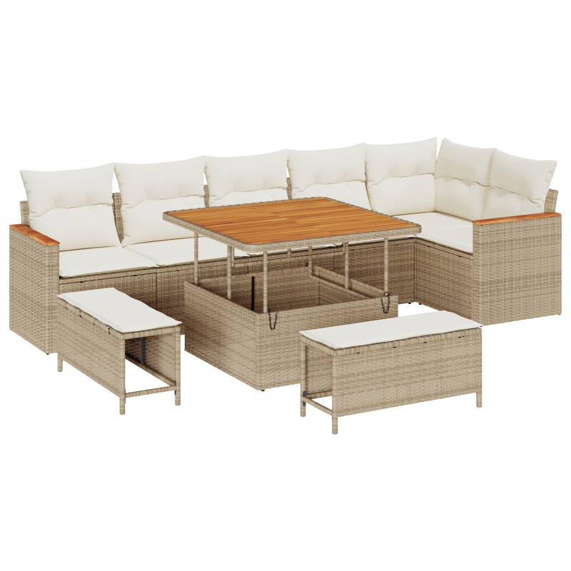 9-teiliges Garten Sofa Set mit Kissen Beige Poly-Rattan Akazie