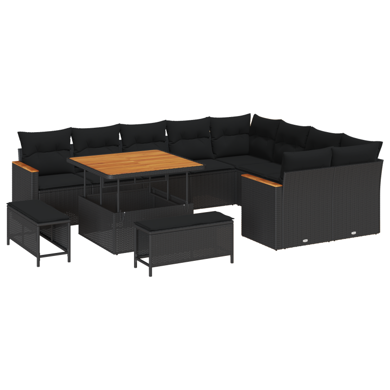 12-teiliges Gartensofa Set mit Kissen Schwarz Poly-Rattan Akazie