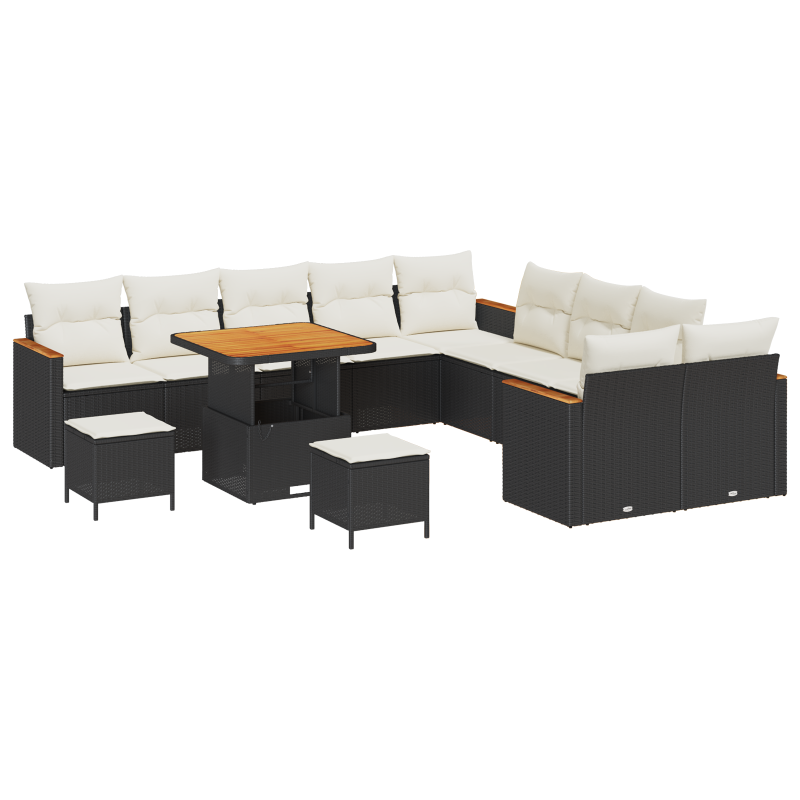 13-teiliges Garten Sofa Set mit Kissen Schwarz Poly Rattan Akazie