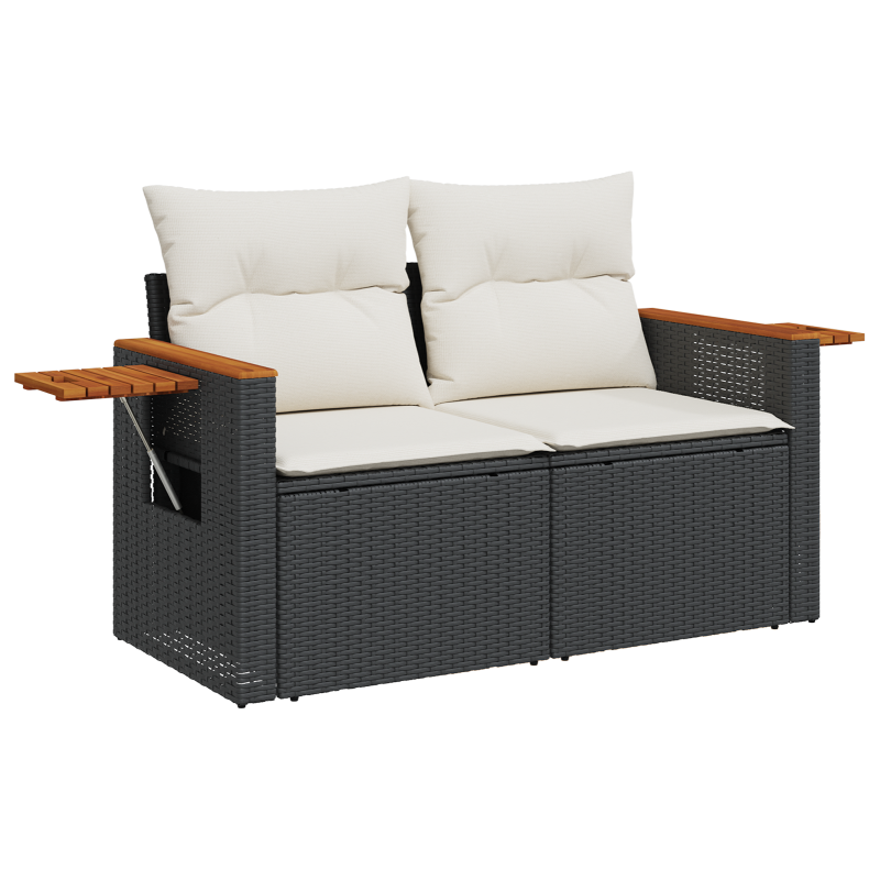 10-teiliges Garten Sofaset mit Kissen Schwarz Poly Rattan Akazie