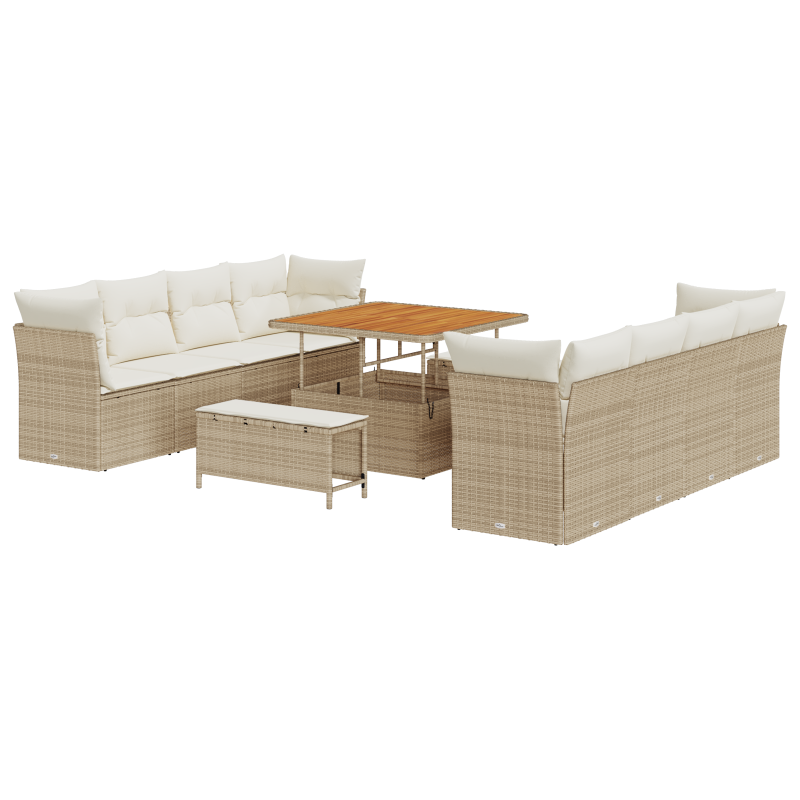 11-teiliges Garten Sofaset mit Kissen Beige Poly Rattan Akazie