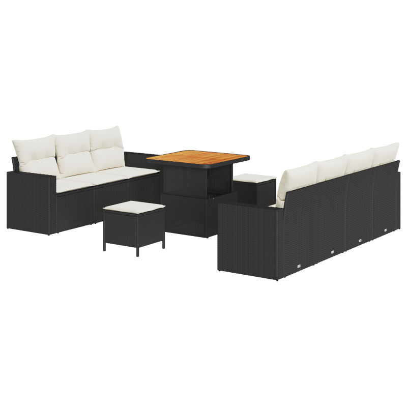 10-teiliges Garten-Sofa-Set mit Kissen Schwarz Poly Rattan Akazie