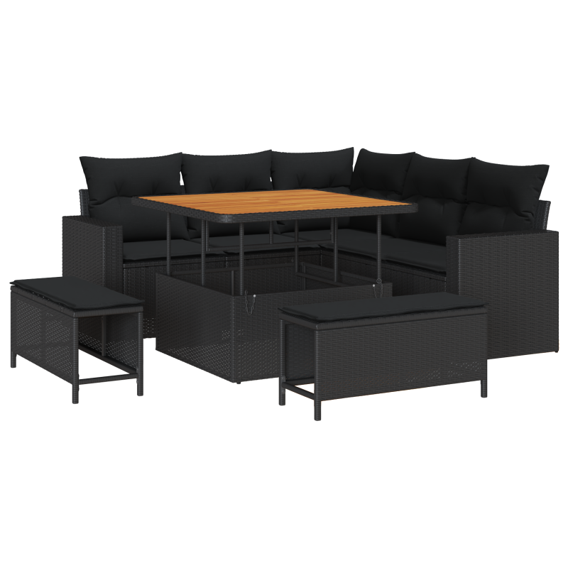 8-teiliges Garten Sofa Set mit Kissen Schwarz Poly Rattan Akazie
