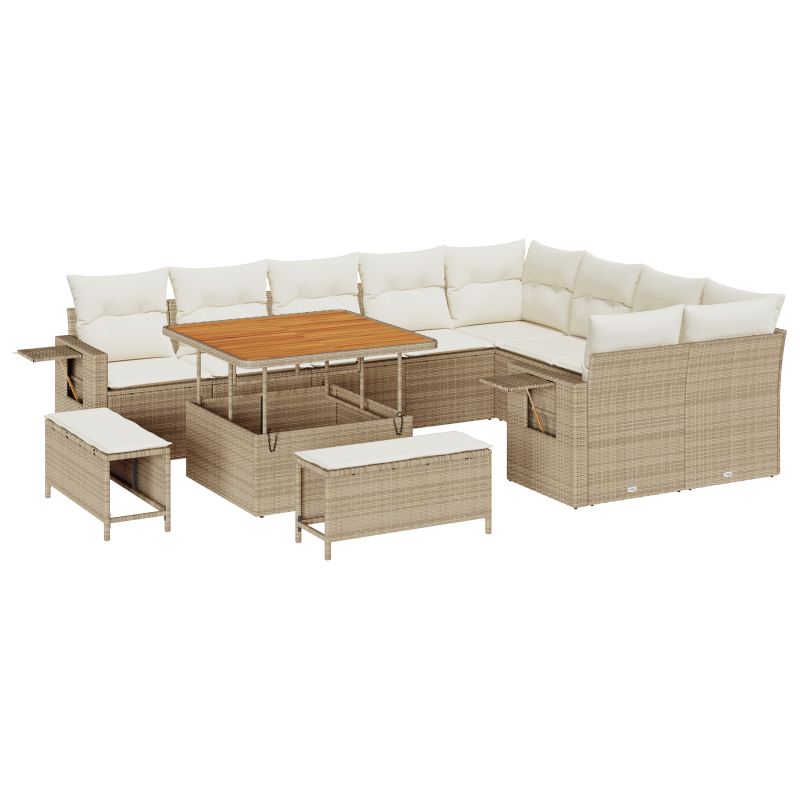 12-teiliges Garten Sofa Set mit Kissen Beige Poly Rattan Akazie