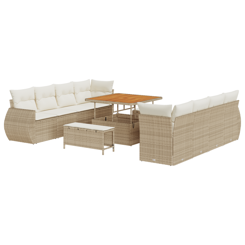 11-teiliges Garten Sofa Set mit Kissen Beige Poly Rattan Akazie