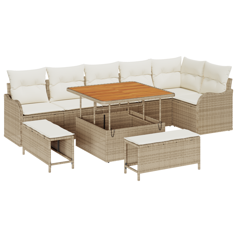 9-teiliges Garten-Sofa-Set mit Kissen Beige Poly-Rattan