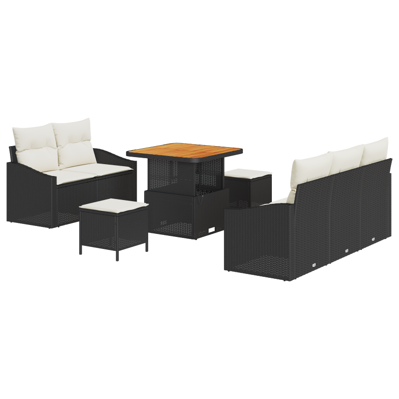 8-teiliges Garten Sofa Set mit Kissen Schwarz Poly Rattan Akazie