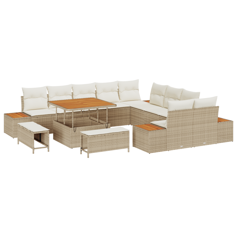 13-teiliges Garten-Sofa-Set mit Kissen Beige Poly-Rattan Akazie
