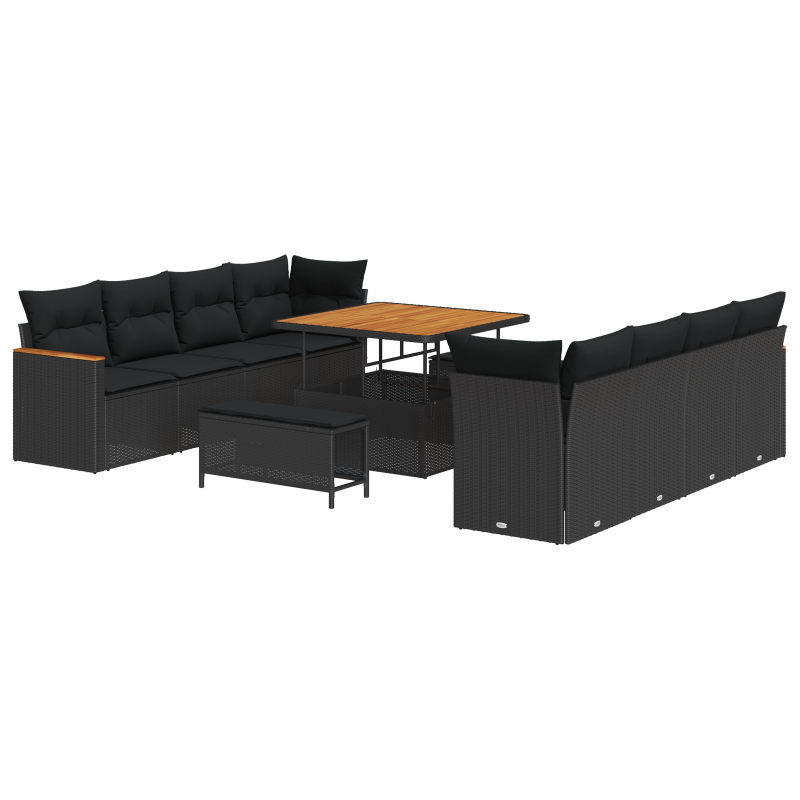 11-teiliges Garten Sofa Set mit Kissen Schwarz Poly Rattan Akazie