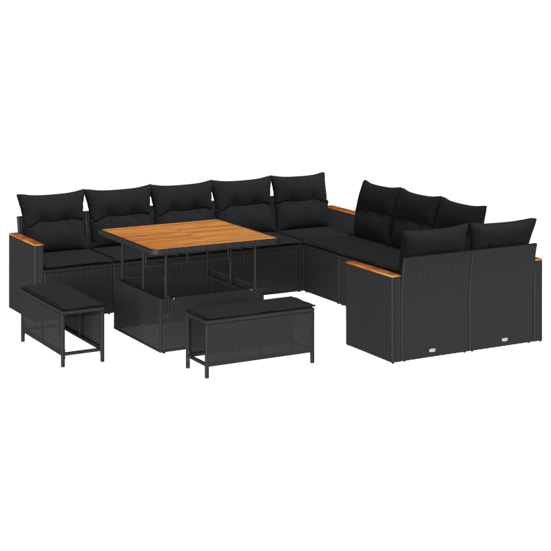 13-teiliges Garten Sofa Set mit Kissen Schwarz Poly Rattan Akazie