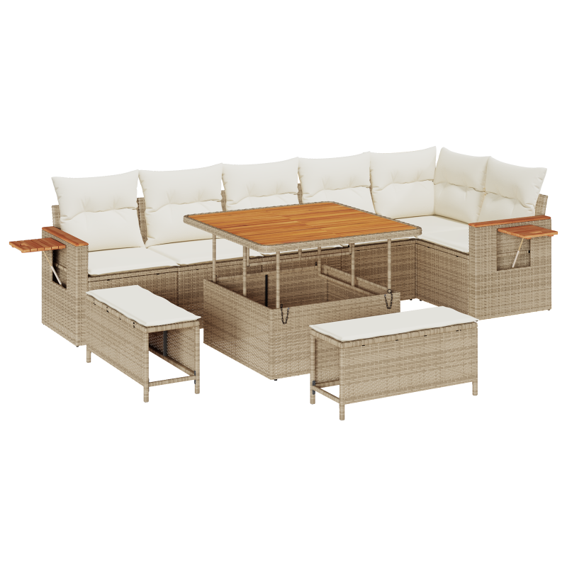 9-teiliges Garten Sofa Set mit Kissen Beige Poly-Rattan Akazie