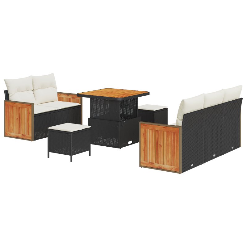 8-teiliges Garten Sofa Set mit Kissen Schwarz Poly Rattan Akazie