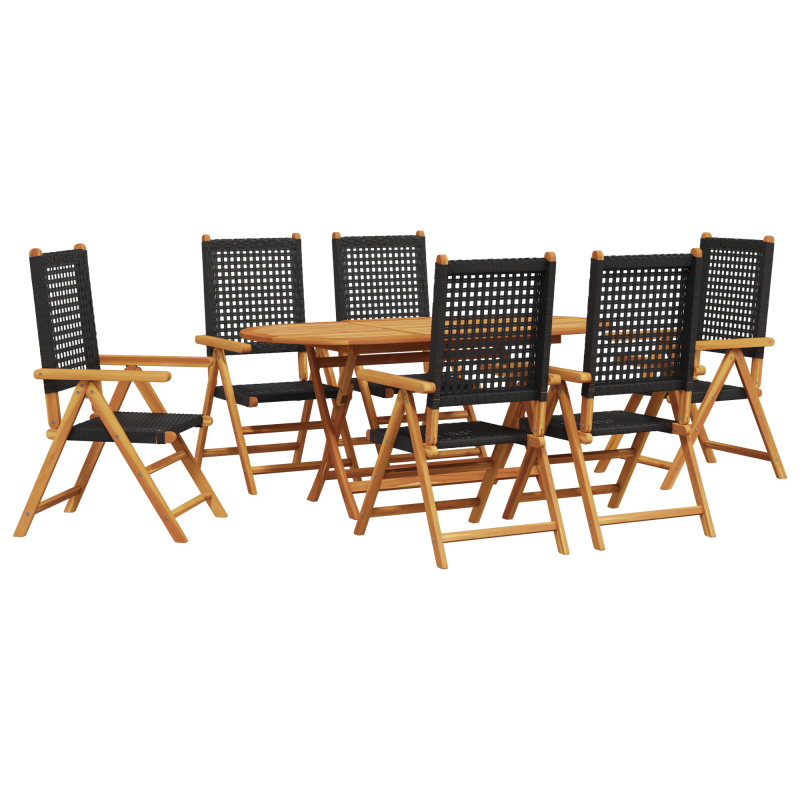 7-teilige Garten Essgruppe Schwarz Massivholz Akazie und Poly Rattan