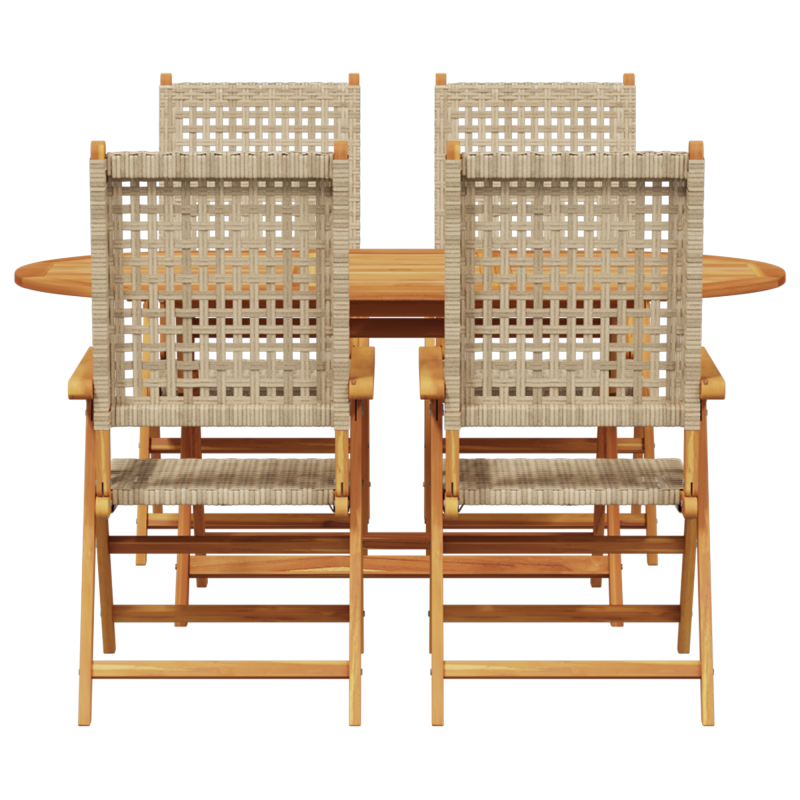 5-teiliges Gartentisch-Set in Beige aus massivem Akazienholz und Poly-Rattan