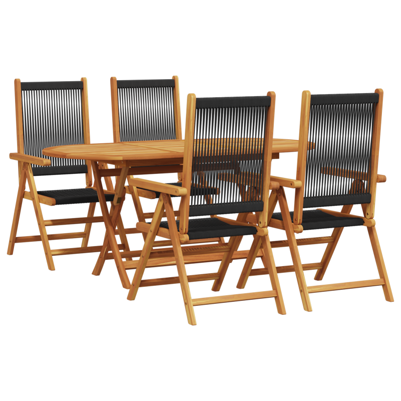 5-teiliges Garten-Esszimmer-Set schwarz aus massivem Akazienholz und Poly-Rattan