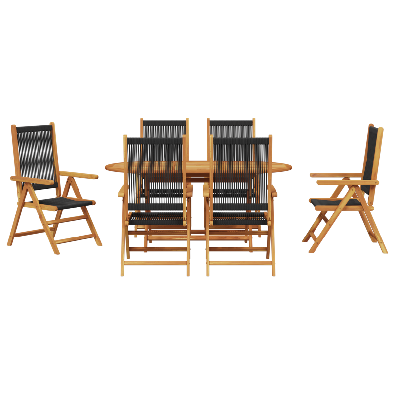 7-teiliges Essset für den Außenbereich - Schwarzes Akazienholz mit Poly-Rattan