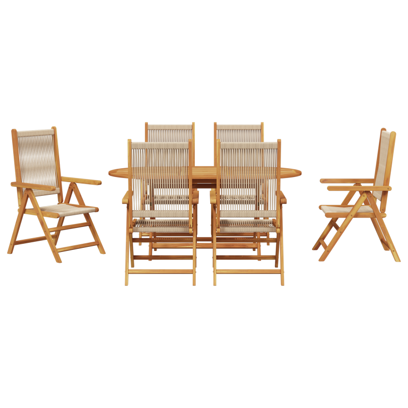 7-teiliges Gartentischset in Beige aus massivem Akazienholz und Poly-Rattan