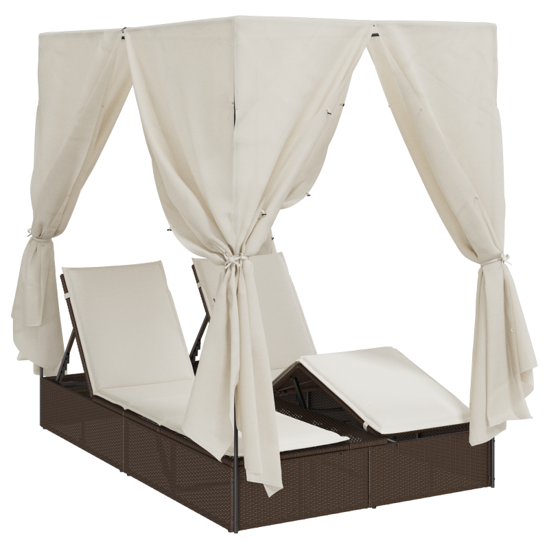 Doppelliege mit Dach und Vorhängen Braun Poly Rattan