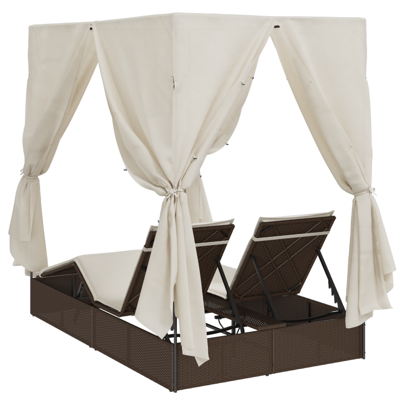 Doppelliege mit Dach und Vorhängen Braun Poly Rattan