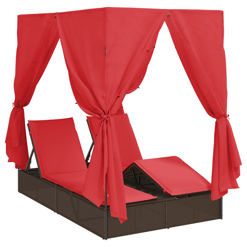 Doppelte Sonnenliege Set aus 2 Braun und Rot Rattan und Polyester