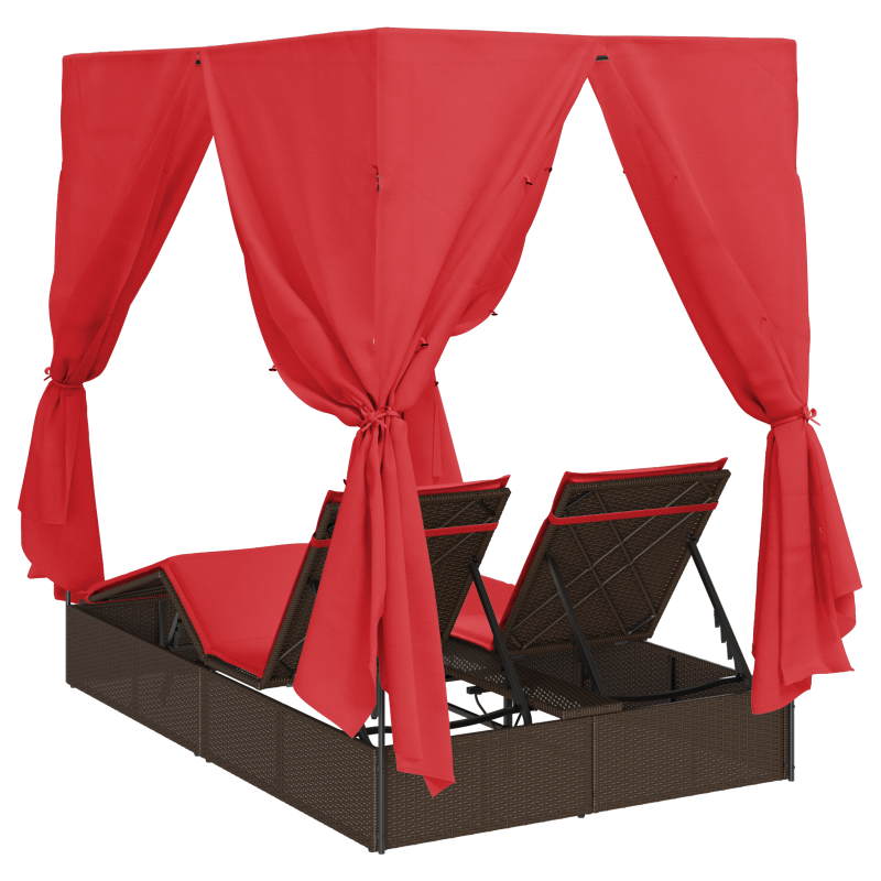 Doppelte Sonnenliege Set aus 2 Braun und Rot Rattan und Polyester