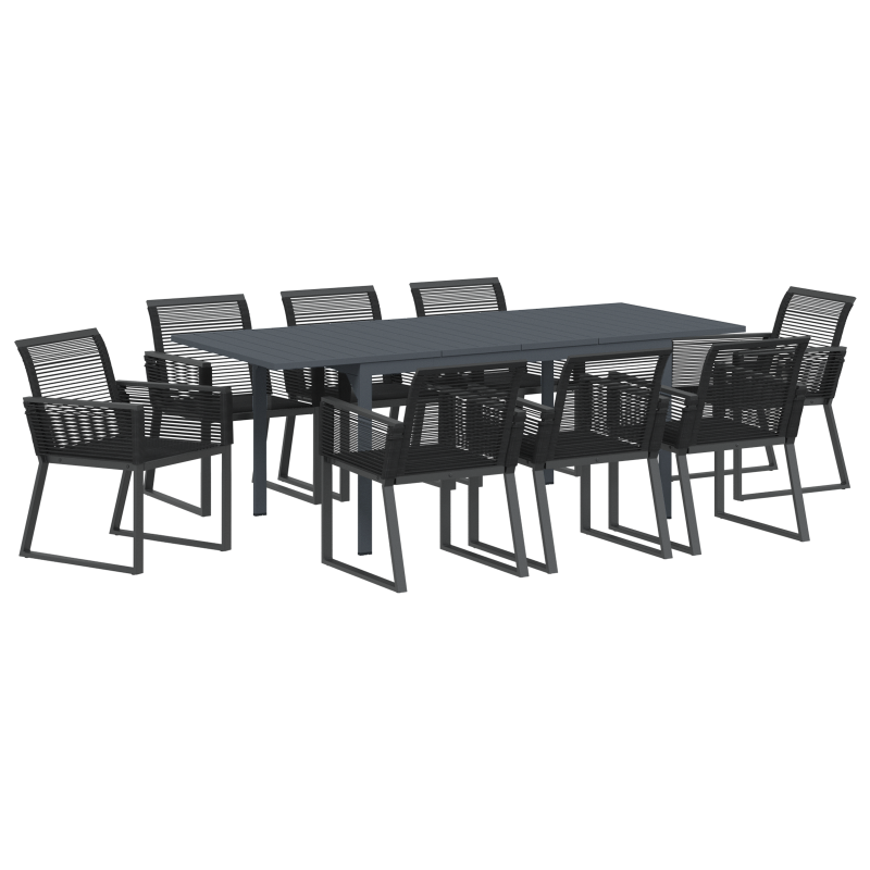 9-teiliges Garten Esszimmer Set Schwarz Poly Rattan, Erweiterbarer Gartentisch Anthrazit (140-210)x90x73 cm Stahl