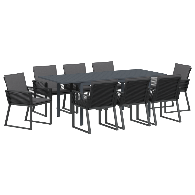 9-teiliges Garten-Essset mit Polstern Schwarz Poly Rattan, Erweiterbarer Gartentisch Anthrazit (140-210)x90x73 cm Stahl