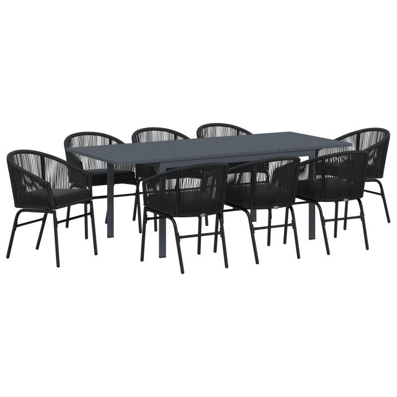 10-teiliges Garten-Essset mit Kissen aus schwarzem Poly-Rattan, Ausziehbarer Gartentisch Anthrazit (140-210)x90x73 cm aus Stahl