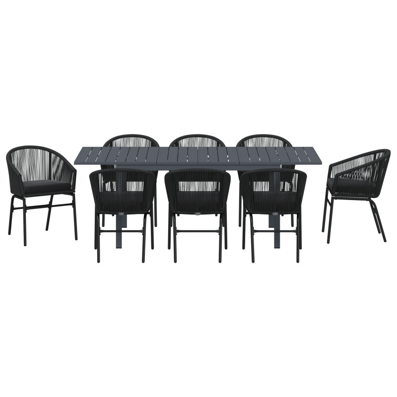 10-teiliges Garten-Essset mit Kissen aus schwarzem Poly-Rattan, Ausziehbarer Gartentisch Anthrazit (140-210)x90x73 cm aus Stahl