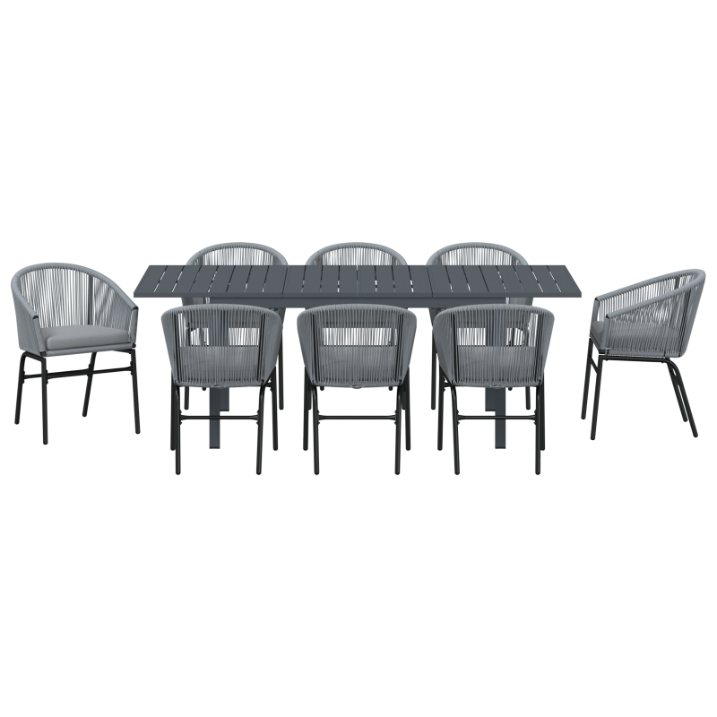 10-teiliges Garten-Esstisch-Set mit Kissen, graues Poly-Rattan, Ausziehbarer Gartentisch Anthrazit (140-210)x90x73 cm Stahl