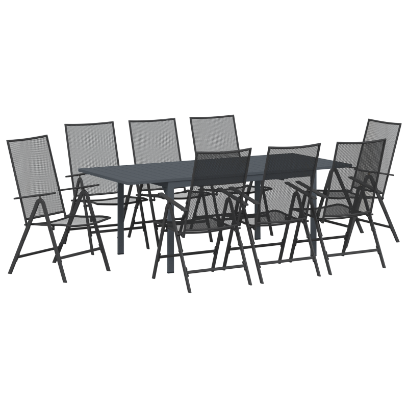 9-teiliges Flurmöbel Set in Anthrazitstahl, Ausziehbarer Gartentisch in Anthrazit (140-210)x90x73 cm aus Stahl