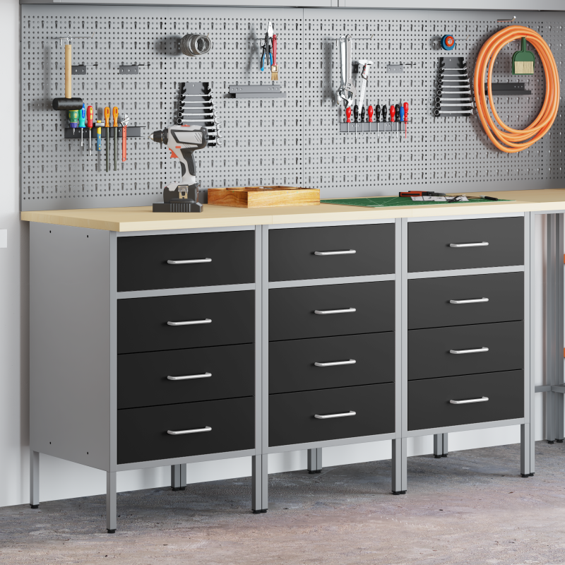 Werkbank 3-Teilig Schwarz und Grau aus Holzwerkstoff und Stahl