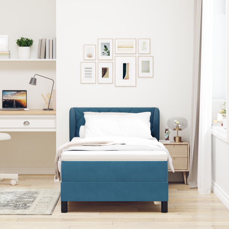 Boxspringbett mit Matratze in Dunkelblau, 90x190 cm, aus Samt