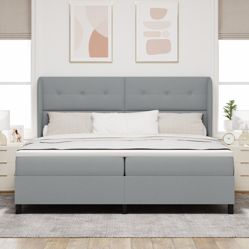 Boxspringbett mit Matratze - Hellgrau, 200x200 cm, Stoff