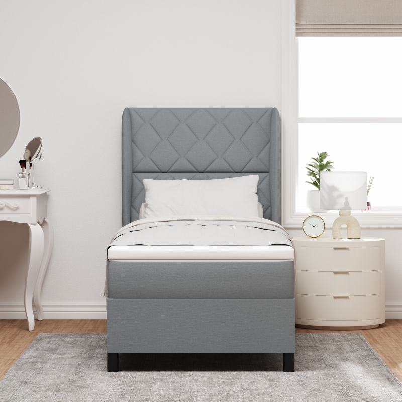 Boxspringbett mit Matratze in Hellgrau, 90x190 cm, Stoff