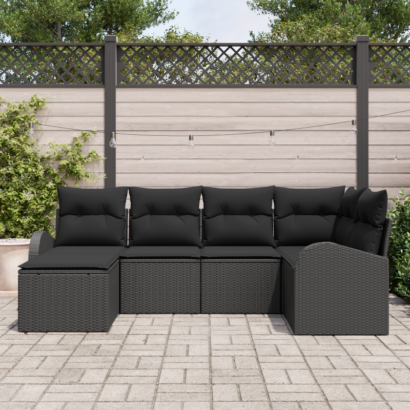 5-teiliges Garten Sofa Set mit Kissen Schwarz Poly Rattan
