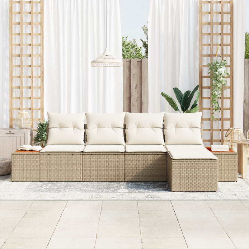 5-teiliges Garten Sofa Set mit Kissen in Beige Poly Rattan Akazie