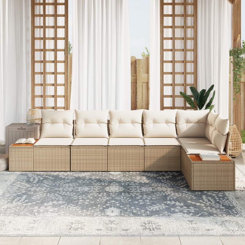 6-teiliges Garten Sofa Set mit Kissen Beige Poly Rattan Akazie