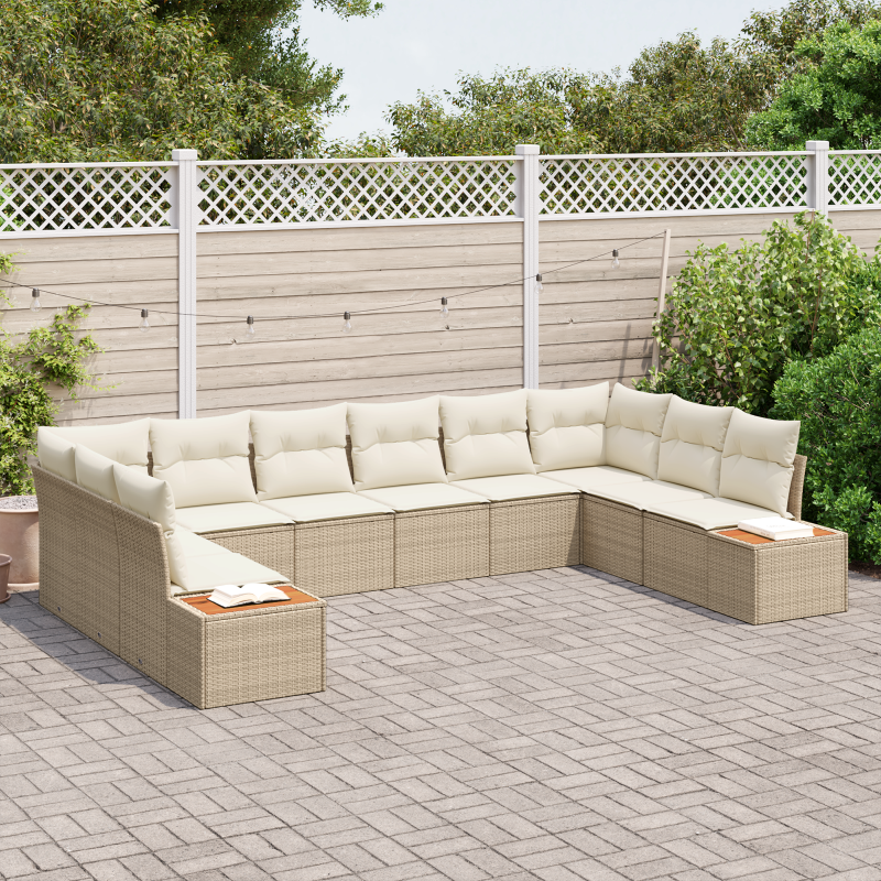 10-teiliges Garten-Sofa-Set mit Kissen Beige Poly Rattan Akazie
