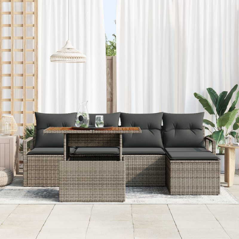 6-teiliges Garten-Sofa-Set mit Kissen Grau Poly-Rattan